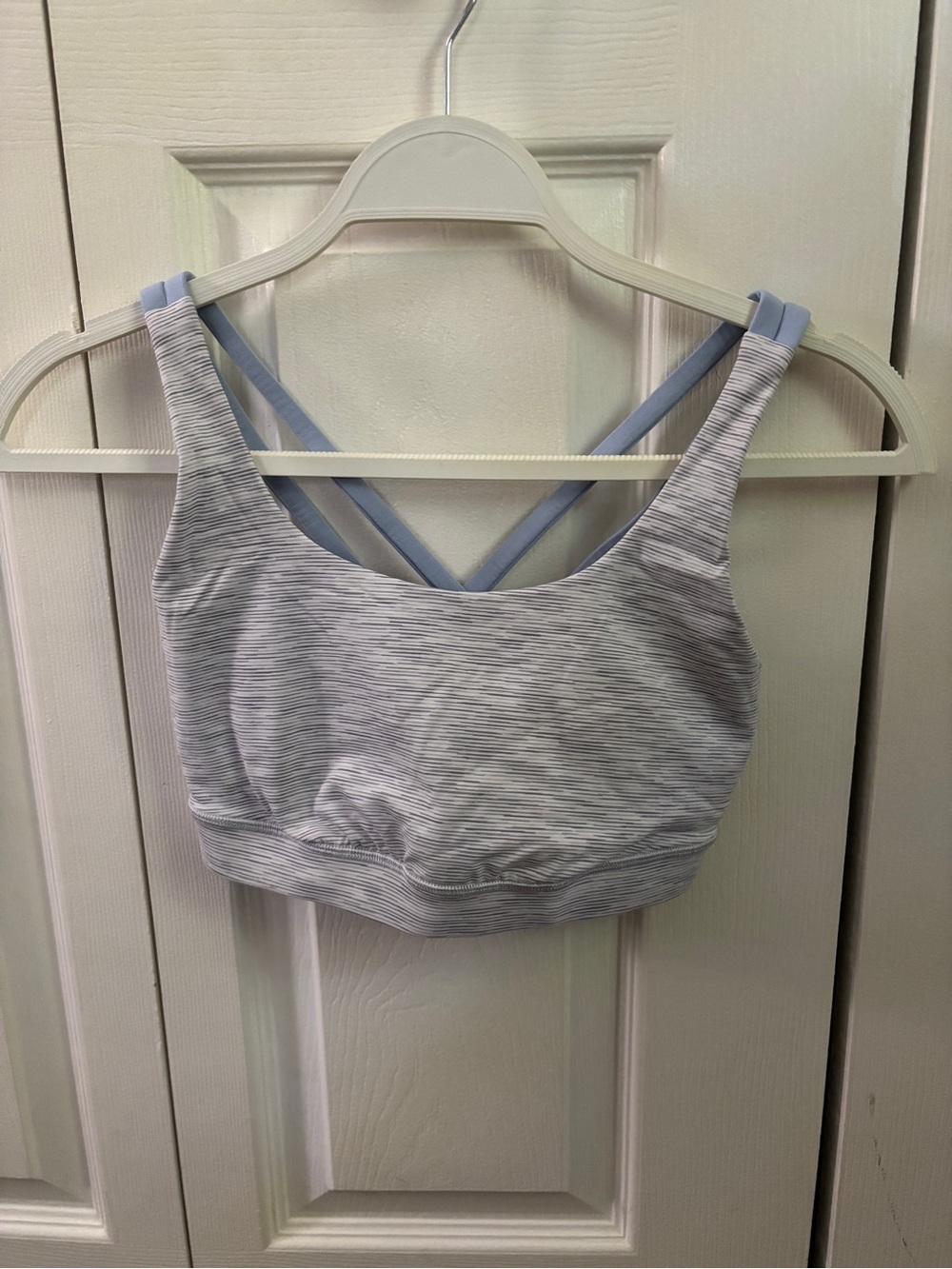 Lululemon Light Gray Striped Women's Sports Bralette with Blue Straps